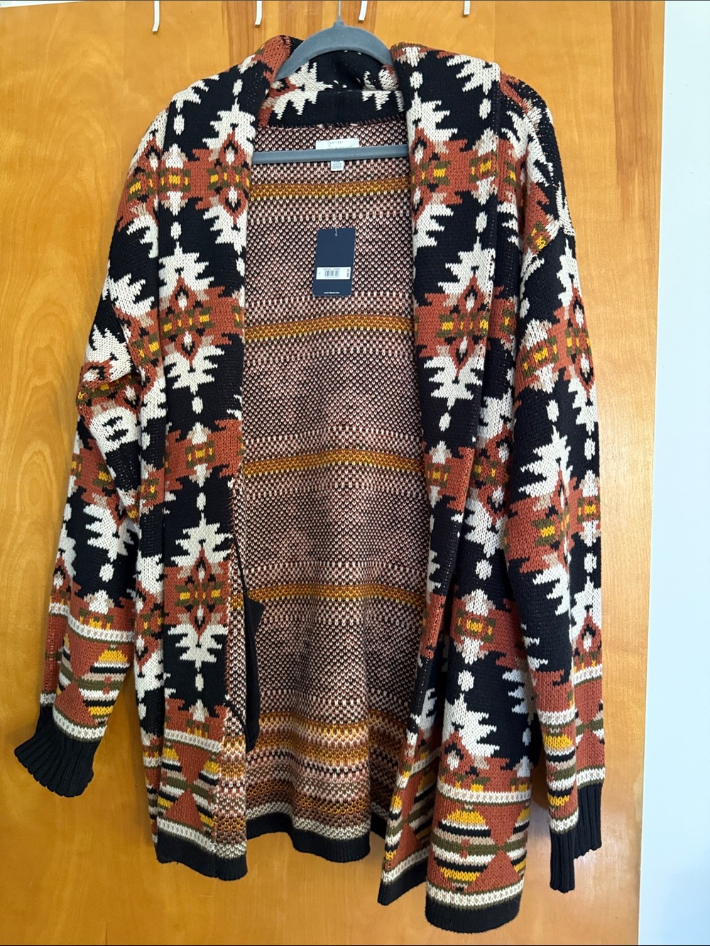 Lucky Brand Black, Rust & Cream Aztec Open-Front Cardigan Sz L NWT MSRP $89.50